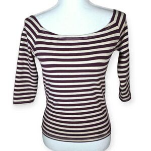 KAIMISETA TAUPE/BROWN/PURPLE & CREAM STRIPE SHIRT SZ.S EUC.